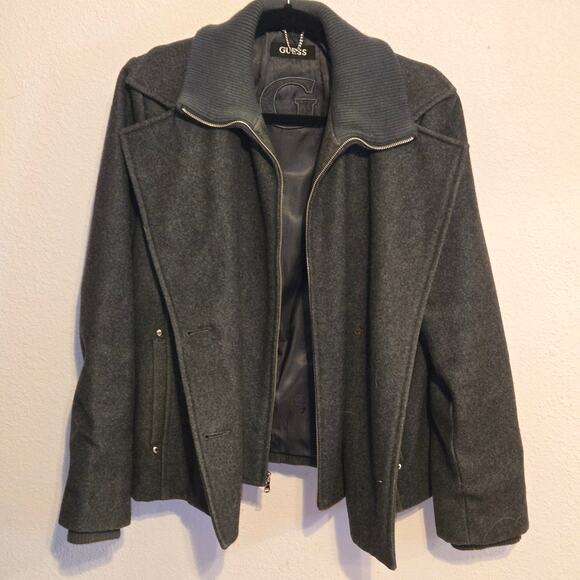 Guess Gray Wool Blend Pea Coat Jacket‎ Full Zip Up Ribbed Collar - Picture 1 of 7